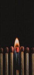 One burning matchstick standing out in a row of unlit matches against a dark background, symbolizing leadership, difference, or inspiration