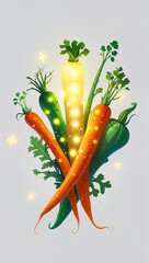 Dreamy drifting glowing fantasy vegetables in cartoon illustration on plain white background