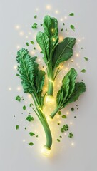 Dreamy drifting glowing leafy vegetables in cartoon illustration on plain white background