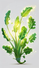 Dreamy drifting glowing leafy vegetables in cartoon illustration on plain white background
