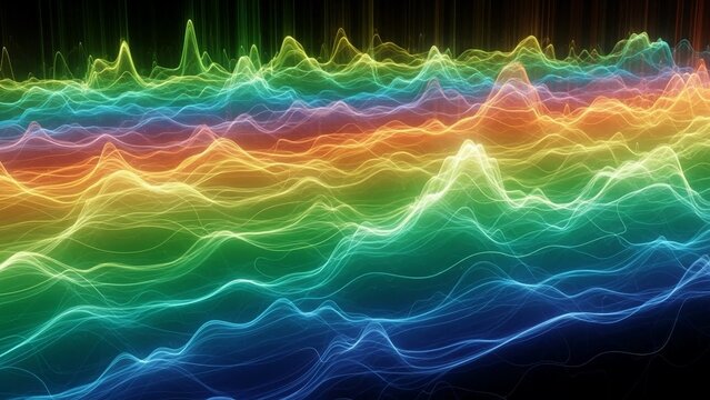 Vibrant rainbow colored waveform pattern with glowing lines and peaks on a dark background, abstract technology and sound wave concept with futuristic - Powered by Adobe