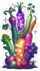 Dreamy stargazing glowing fantasy vegetables in cartoon illustration on plain white background