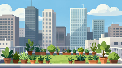 Urban rooftop garden with potted plants and city skyscrapers in background