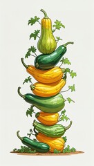 Energetic climbing stacked squash vegetables in cartoon illustration on plain white background