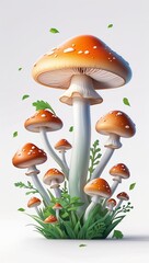 Dreamy floating soft mushroom vegetables in cartoon illustration on plain white background
