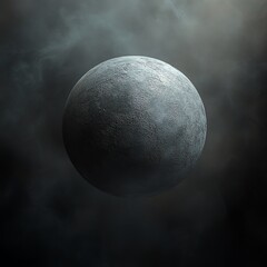 A gray, round, spherical object with a textured surface, floating in a dark, smoky environment.  high resolution   for isolate image