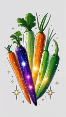 Dreamy stargazing glowing cosmic vegetables in cartoon illustration on plain white background
