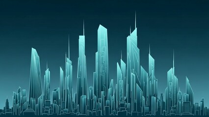 Futuristic cityscape with sleek skyscrapers and modern architecture at dusk or dawn, urban landscape with blue and green hues, business and technology concept