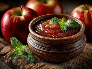 Traditional homemade jam in a rustic bowl with fresh s and mint leaves for breakfast snack