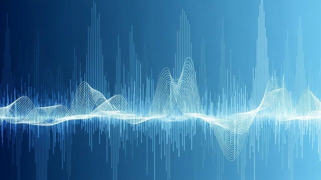 Digital waveform illustration with glowing white lines on blue gradient background representing technology and data visualization with tech illustration - Powered by Adobe