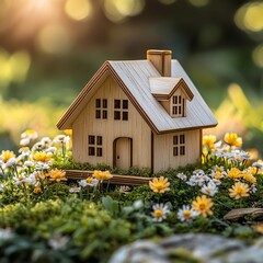 A small wooden house model on a grassy patch with flowers and greenery in the background.  high resolution   for isolate image