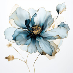 Elegant abstract blue peony flower illustration created in alcohol ink style with delicate golden outlines and fluid translucent petals on white background for luxury interior decor