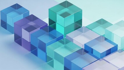 Obraz premium Colorful translucent glass cubes in shades of blue and green arranged in a staggered formation on a light blue background with reflections with abstract