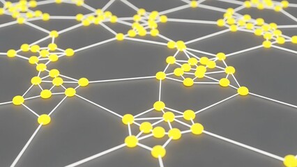 Network connections with yellow nodes and white lines on gray background representing technology and communication with data and visualization