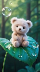 Adorable fluffy teddy bear sitting on a lush green leaf with water droplets in a forest setting