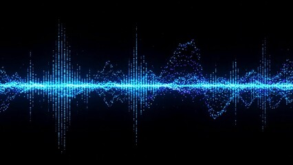 Glowing blue digital waveform with particle effect on black background for technology and music concepts with sound wave and audio visual and futuristic