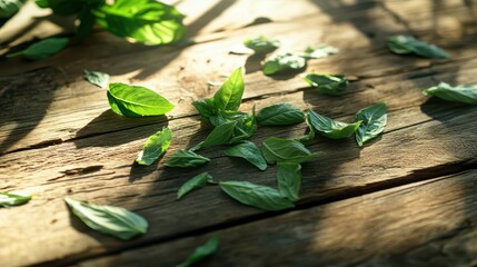 Fresh vibrant basil leaves scattered on textured rustic wooden surface with natural sunlight highlights