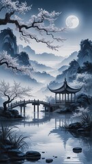 Serene asian landscape at night with full moon, cherry blossoms, bridge, and pagoda over water