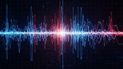Vibrant sound wave pattern with blue, red, and white hues on dark background, technology and audio visualization concept with music and digital