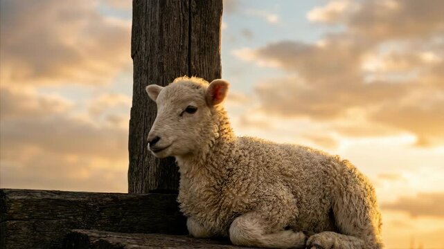 Lamb sitting on a wooden cross in a field at sunset used for religious concept. Jesus Christ and Christianity theme.