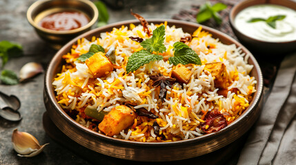 Vegetable Biryani Served with Raita.