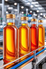 Glass bottles on a production line filled with amber liquid in a modern manufacturing plant