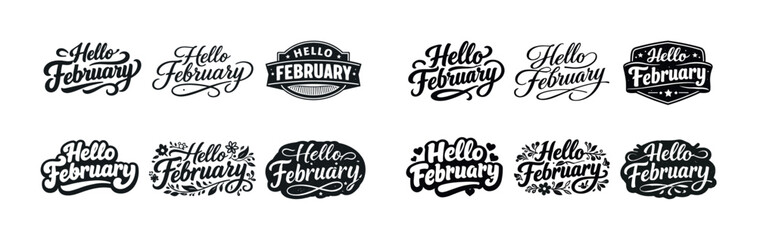 Set of eight elegant 'hello february' typography designs in black and white