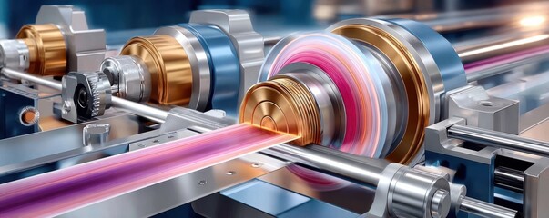 Industrial textile machine in action showing fast spinning and colorful yarn on a production line