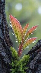 New spring growth on tree bark with dew drops in soft focus nature setting