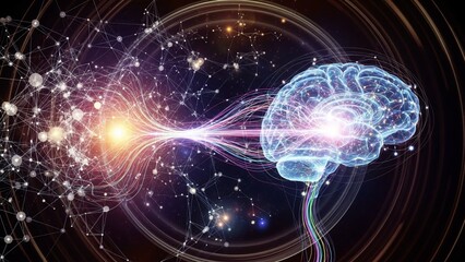 Glowing blue brain with radiant light and cosmic energy flowing into it surrounded by vibrant particles and swirling lines against a dark background