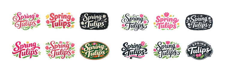 Obraz premium Colorful spring tulips typography set with floral designs and decorative elements