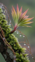 New growth maple leaf sprouting from mossy branch covered in morning dew drops macro close up