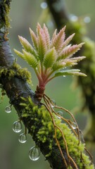 New growth sprouting from mossy branch with water droplets in a misty forest environment