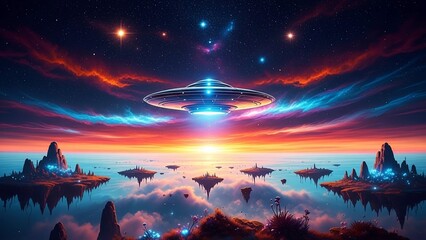 Mysterious ufo flying over fantastical islands with vibrant sunset sky and stars in a surreal landscape with sci fi and fantasy and futuristic