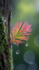Vibrant red and green fern leaf with dew drops dripping down against a mossy tree trunk in a lush forest setting