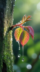 Fresh spring growth dew drops on young red and green leaves emerging from mossy tree bark in soft sunlight