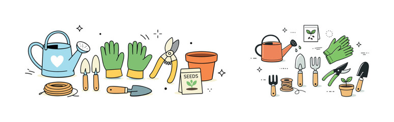 Gardening tools and essentials collection with watering cans and seed packets