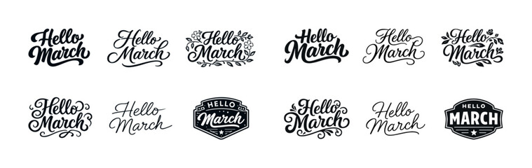 Fototapeta premium Hello march typography collection: creative black and white lettering designs