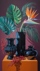 Vibrant still life with bird of paradise flower, monstera leaves, and dark vases on an orange pedestal