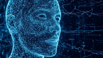 Digital human face made of glowing blue dots and lines on dark background with futuristic neural network connections with futuristic technology