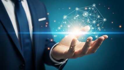 Businessman presenting glowing network connection in hand futuristic technology concept with innovation and science and communication