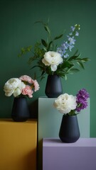 Three small black vases with fresh white and pink flowers arranged on colorful geometric pedestals against a deep green wall