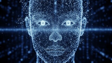 Digital human face made of glowing blue particles and lines on dark background with futuristic technology and artificial intelligence concept