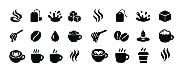 Coffee and tea icons collection: cups, beans, bags, steam, sugar, drops