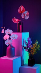 Vibrant still life arrangement of exotic flowers including orchids and anthuriums illuminated by dramatic neon lighting on geometric pedestals