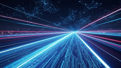 Vibrant blue and pink light trails radiate from a central point against a dark background with circuit board patterns and stardust