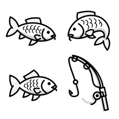 Carp fishing outline black gray icon set isolated on white background, Fish sign symbol collection