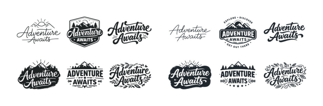 Adventure awaits logos collection with mountains and outdoor themes