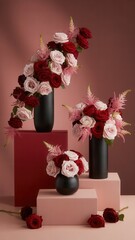 Three elegant floral arrangements with red and pink roses in black vases on pink pedestals