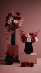 Elegant arrangement of deep red and pale pink roses in modern black vases on pink pedestals, romantic floral display